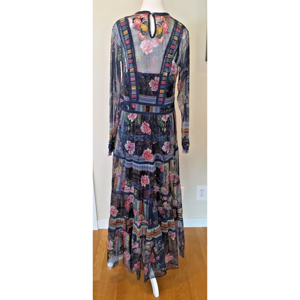 Biya Johnny Was Dayana Mesh Maxi Dress Embroidered Floral Patchwork Slip M Boho
